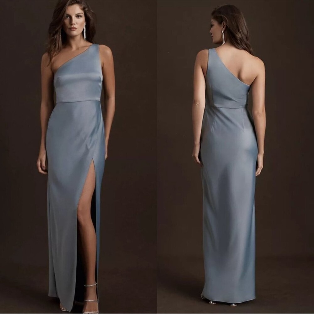 BHLDN Dylan One-Shoulder Satin Side-Slit Gown in Dusty Blue - Size 14